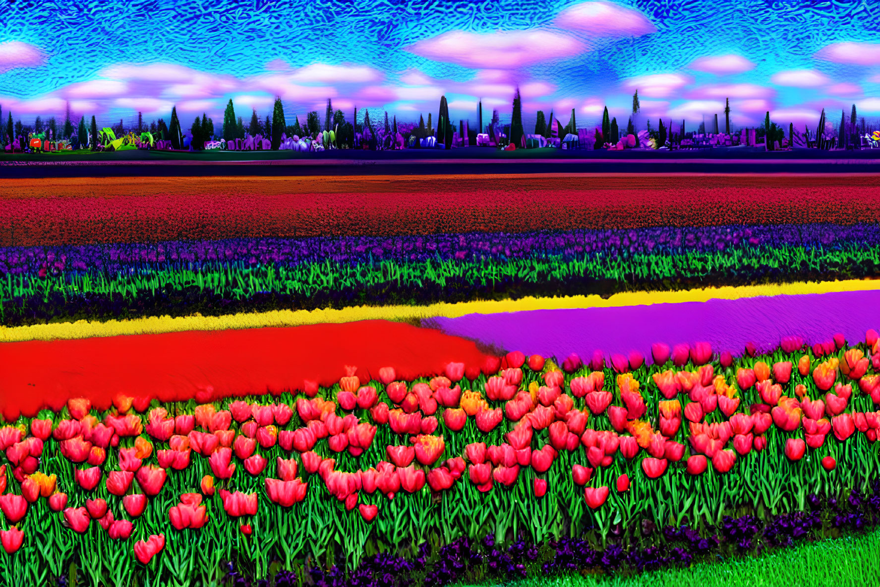 Colorful Tulip Fields Under Psychedelic Sky with Swirling Patterns