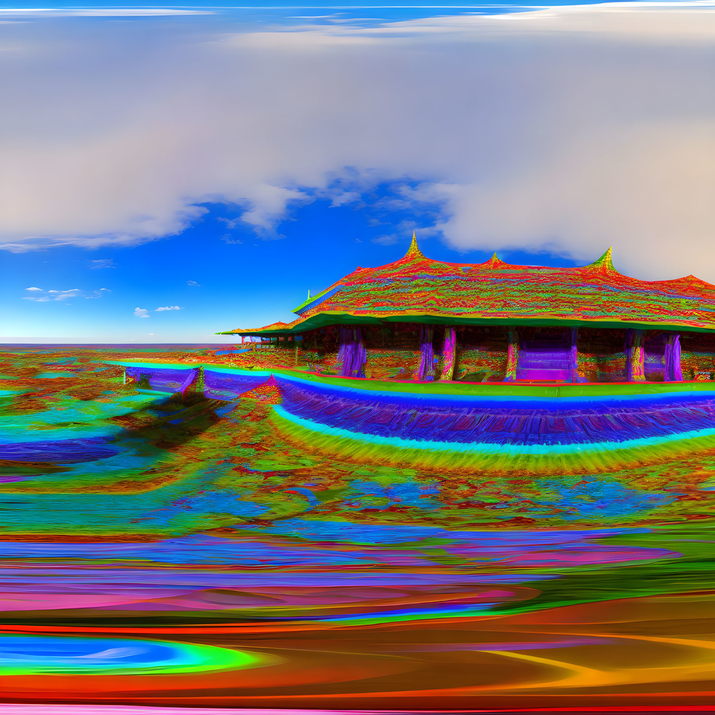 Colorful Distorted Image of Traditional Structure with Wave-Like Effect