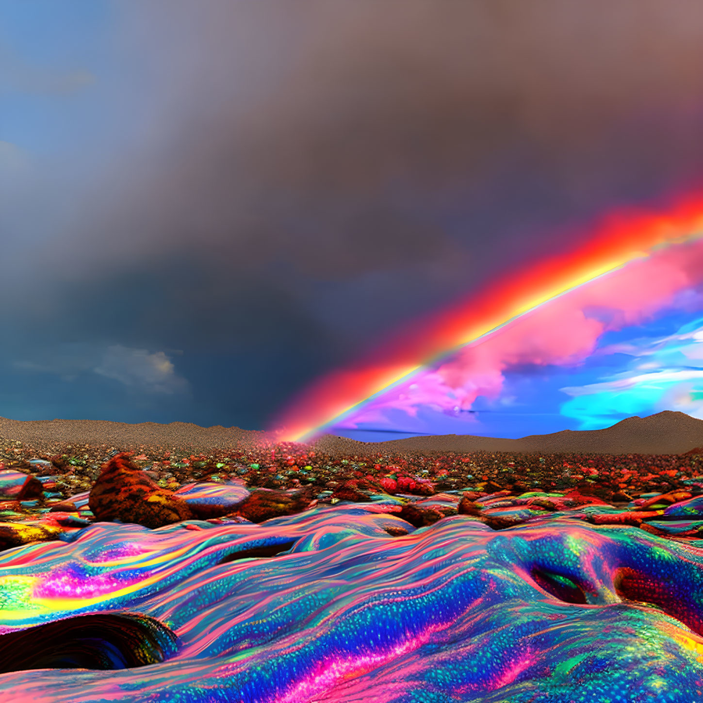 Colorful Psychedelic Landscape with Rainbow and Stormy Sky