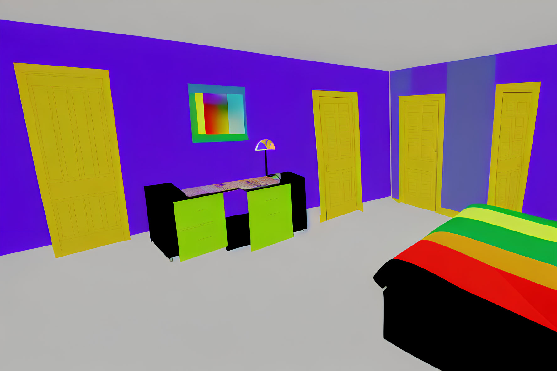 Colorful 3D Rendered Room with Purple Walls and Multicolored Bed