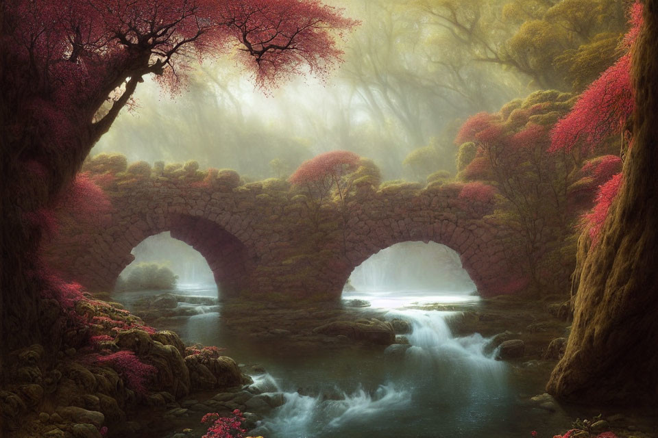 Tranquil forest scene with double-arched stone bridge and pink foliage