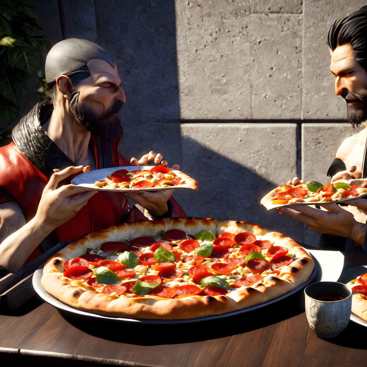 Stylized animated characters eating pepperoni pizza outdoors