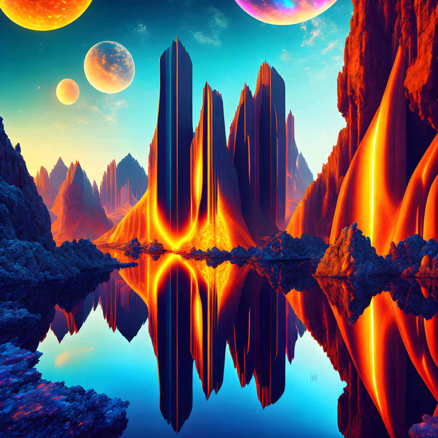 Alien landscape with towering rock formations and molten lava flows