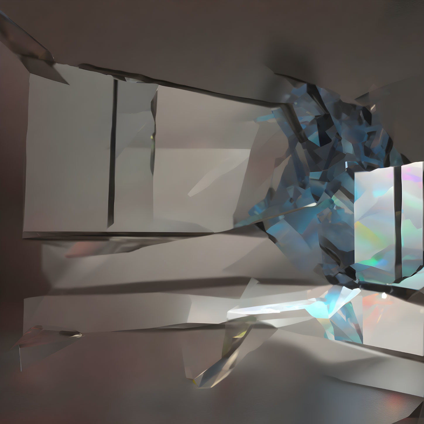 Abstract image: Shattered geometric shapes and light play in soft colors