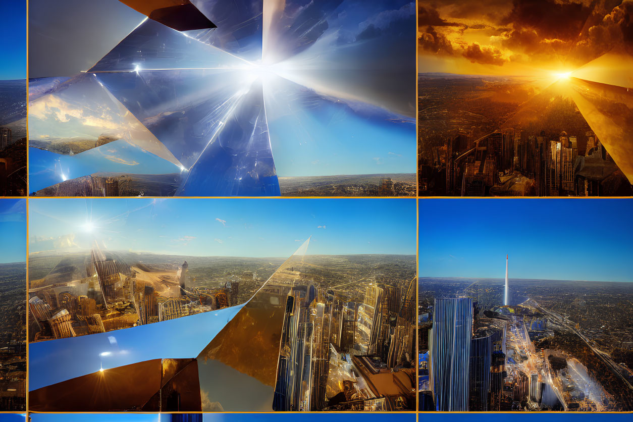 Cityscape Collage with Sun Flare from High Vantage Points