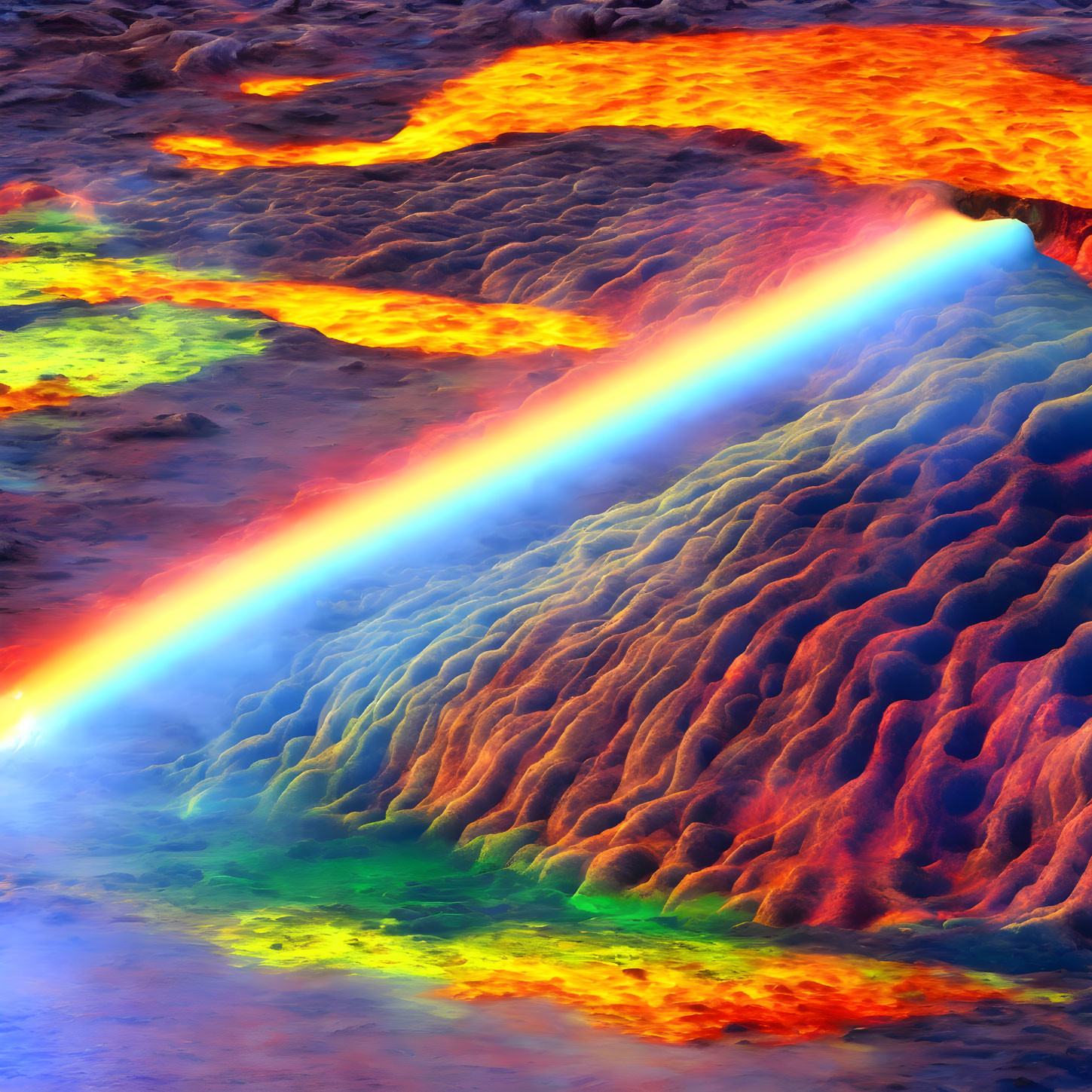 Colorful digital landscape with lava textures and rainbow.