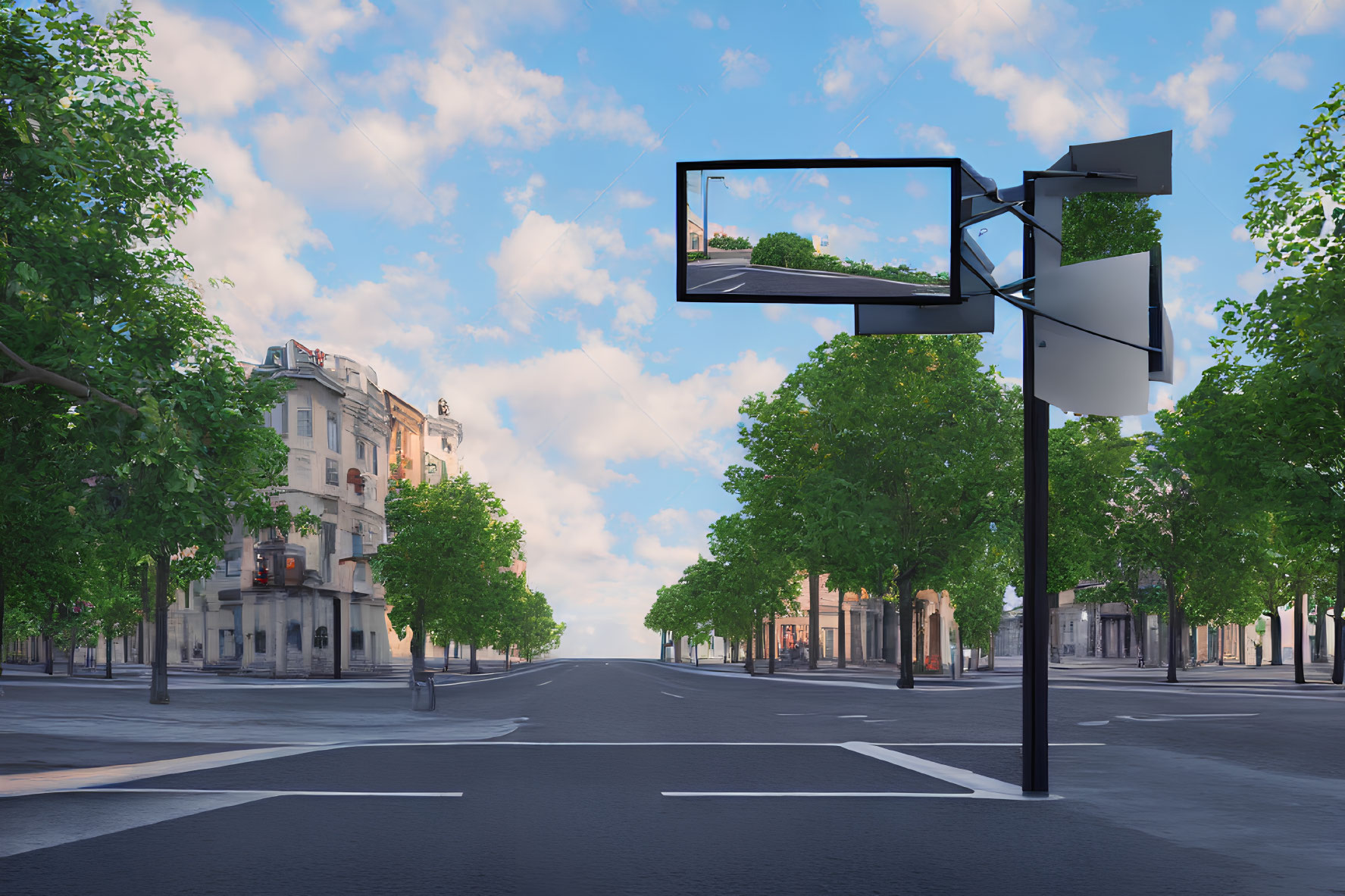 Tree-lined city street with traffic light and empty crosswalk under clear blue sky