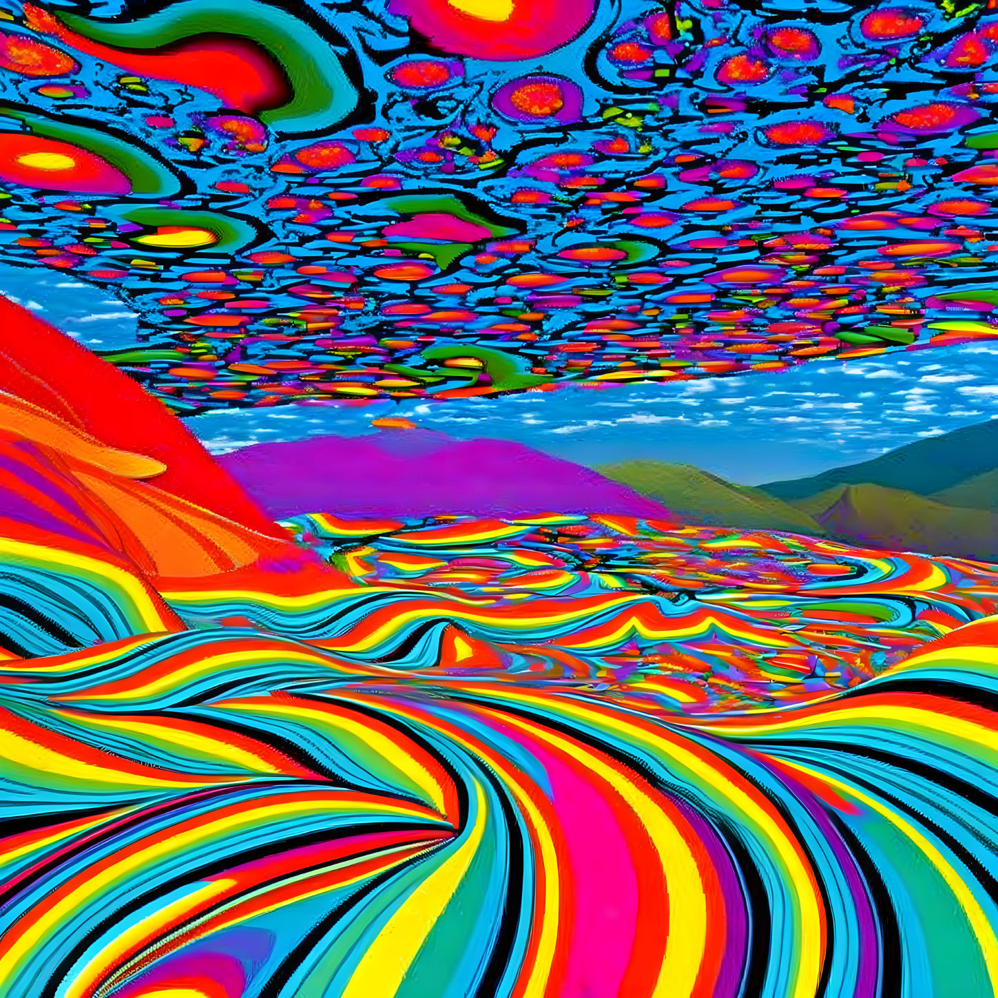 Colorful Psychedelic Landscape with Swirling Patterns