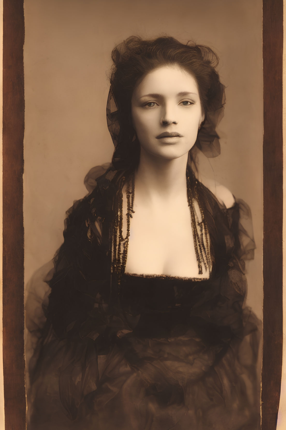 Sepia-Toned Vintage Portrait of Woman in Dark Ruffled Dress