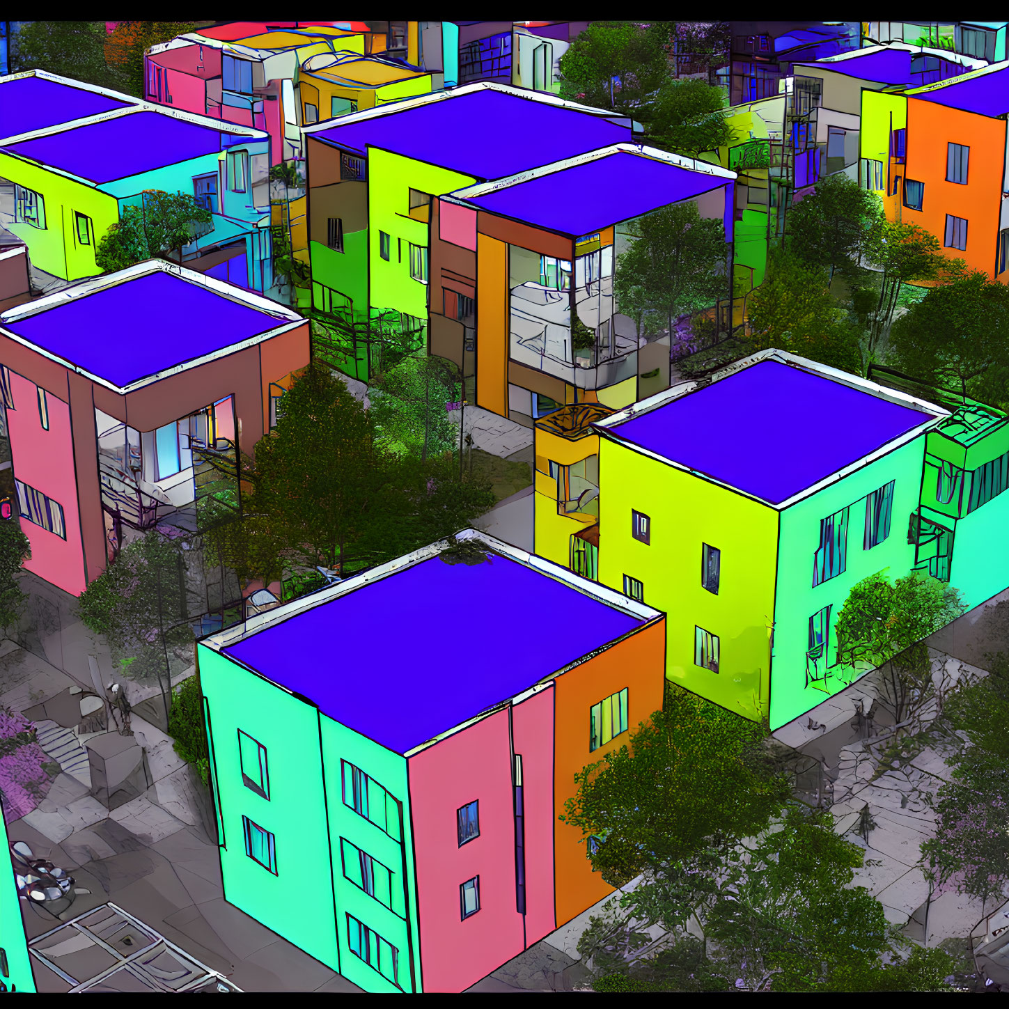 Colorful urban neighborhood with multicolored houses, trees, and people walking.