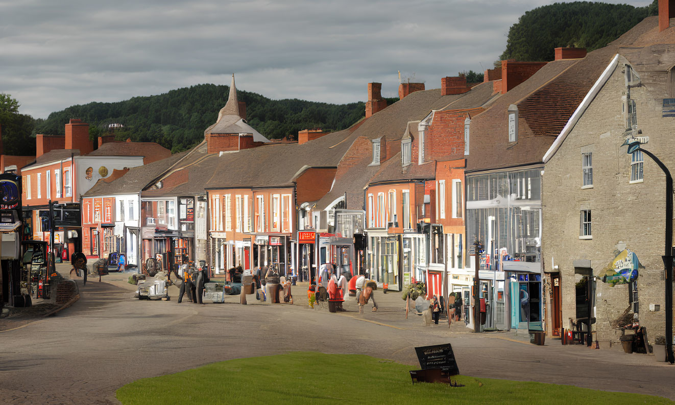 Quaint town street with red-brick buildings and shops under clear sky