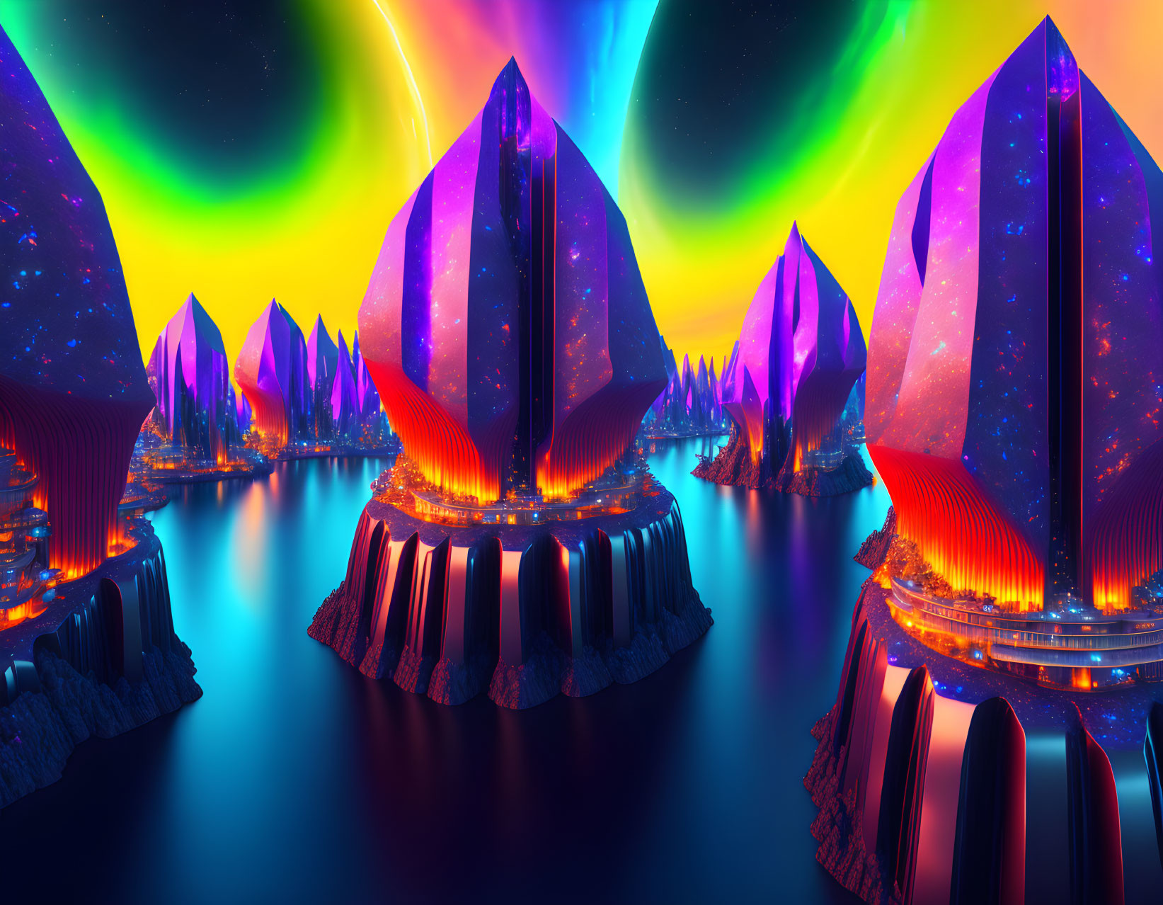 Digital art of alien landscape with neon structures & iridescent auroras