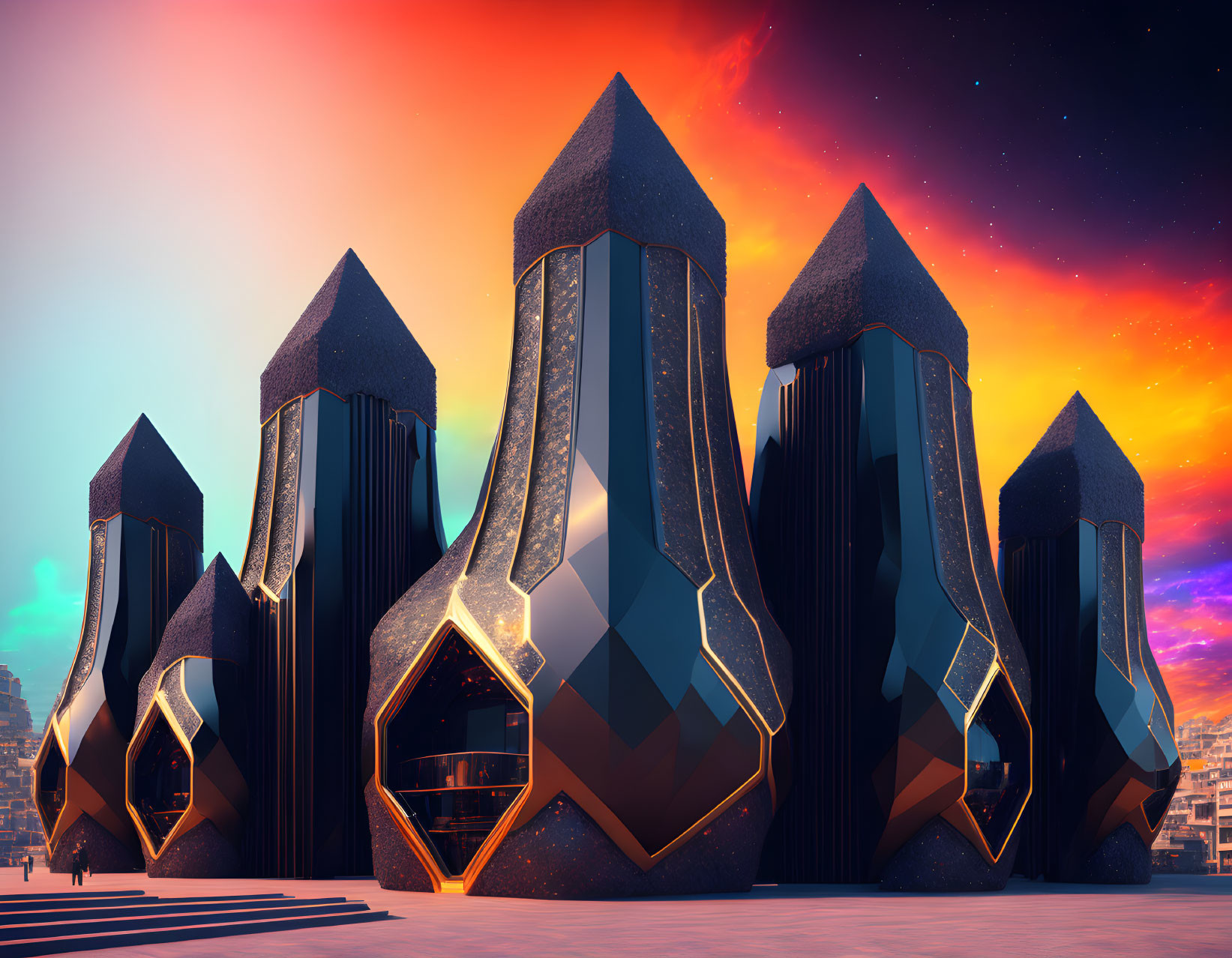 Glowing futuristic crystalline structures against twilight sky