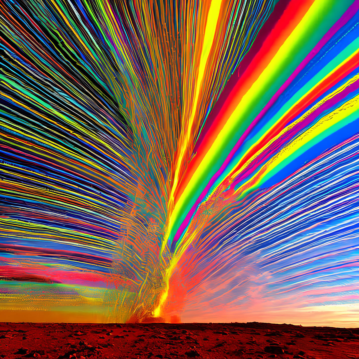 Colorful neon rainbow lines on surreal Mars landscape with blue sky