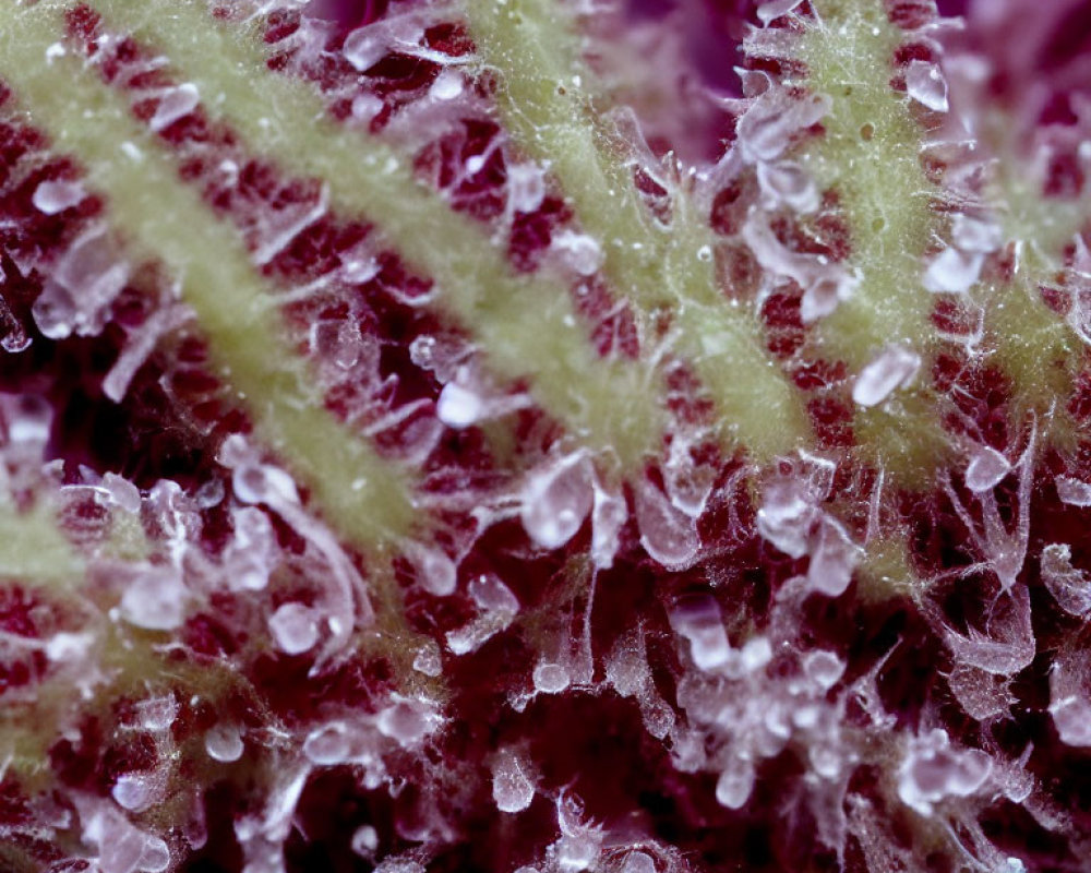 Detailed Close-up of Plant with Trichomes and Dewdrops in Purple and Green