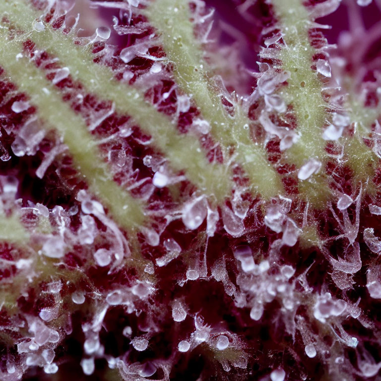 Detailed Close-up of Plant with Trichomes and Dewdrops in Purple and Green