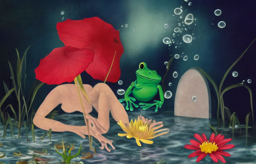 Surreal artwork featuring frog, humanoid figure, poppy, underwater plants, bubbles, and stone