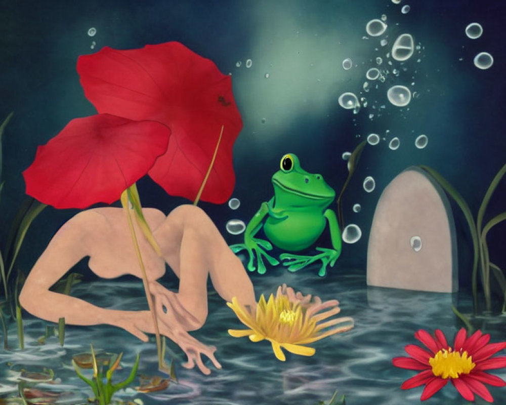 Surreal artwork featuring frog, humanoid figure, poppy, underwater plants, bubbles, and stone