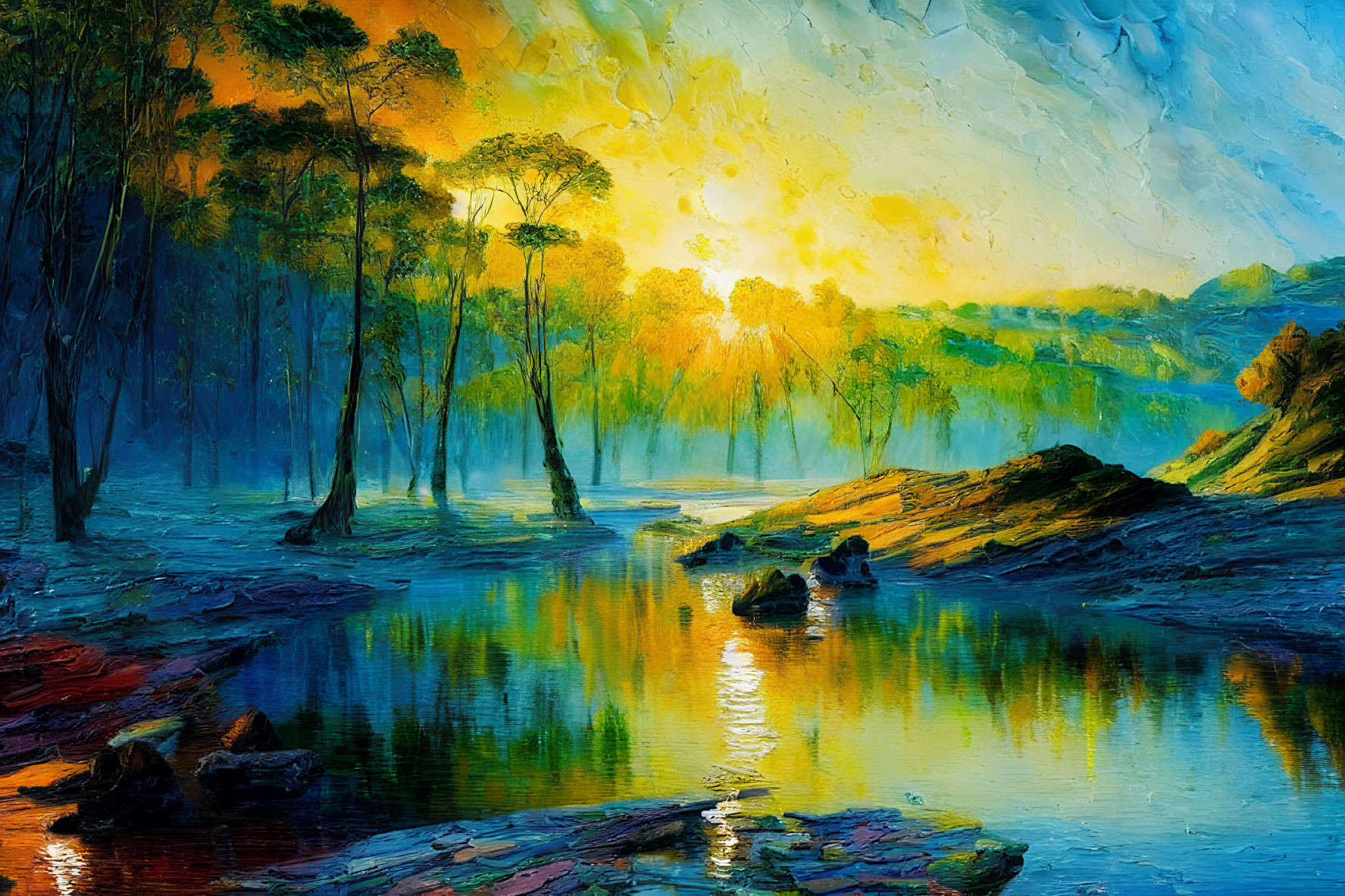 Tranquil river in colorful forest at vibrant sunset