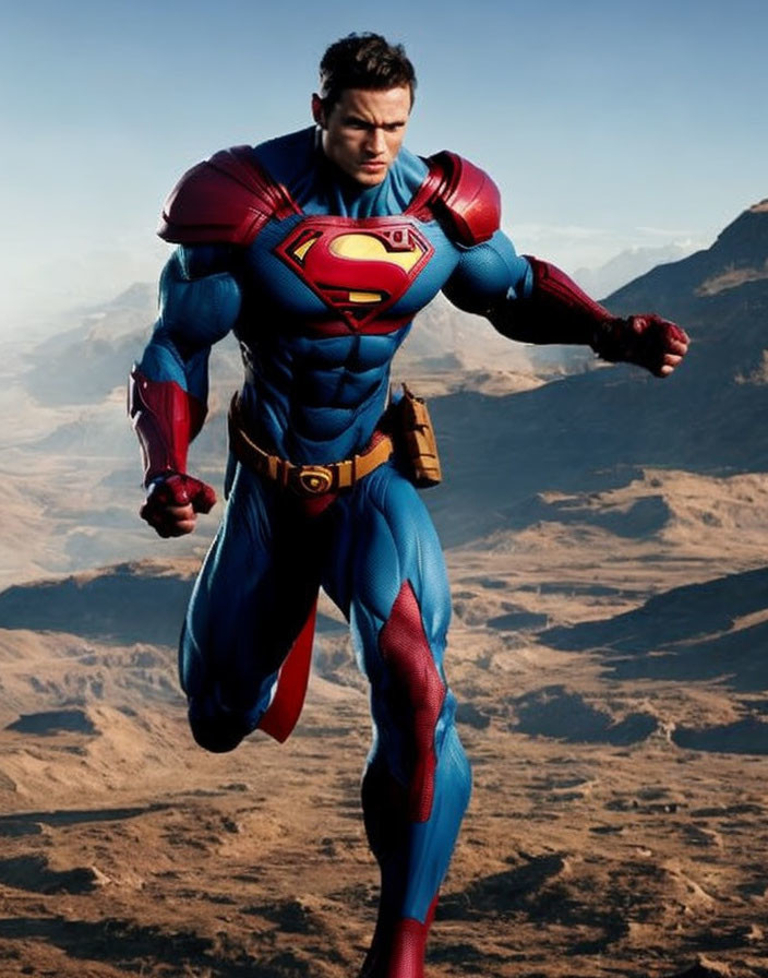 Muscular superhero in blue and red costume with cape and 'S' emblem running in desert mountains