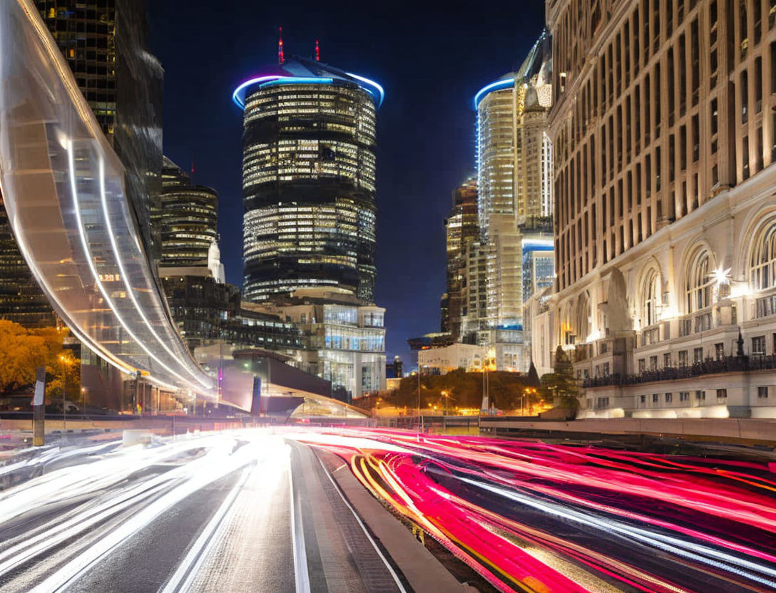 Urban night scene: light trails, neon skyscrapers, clear sky