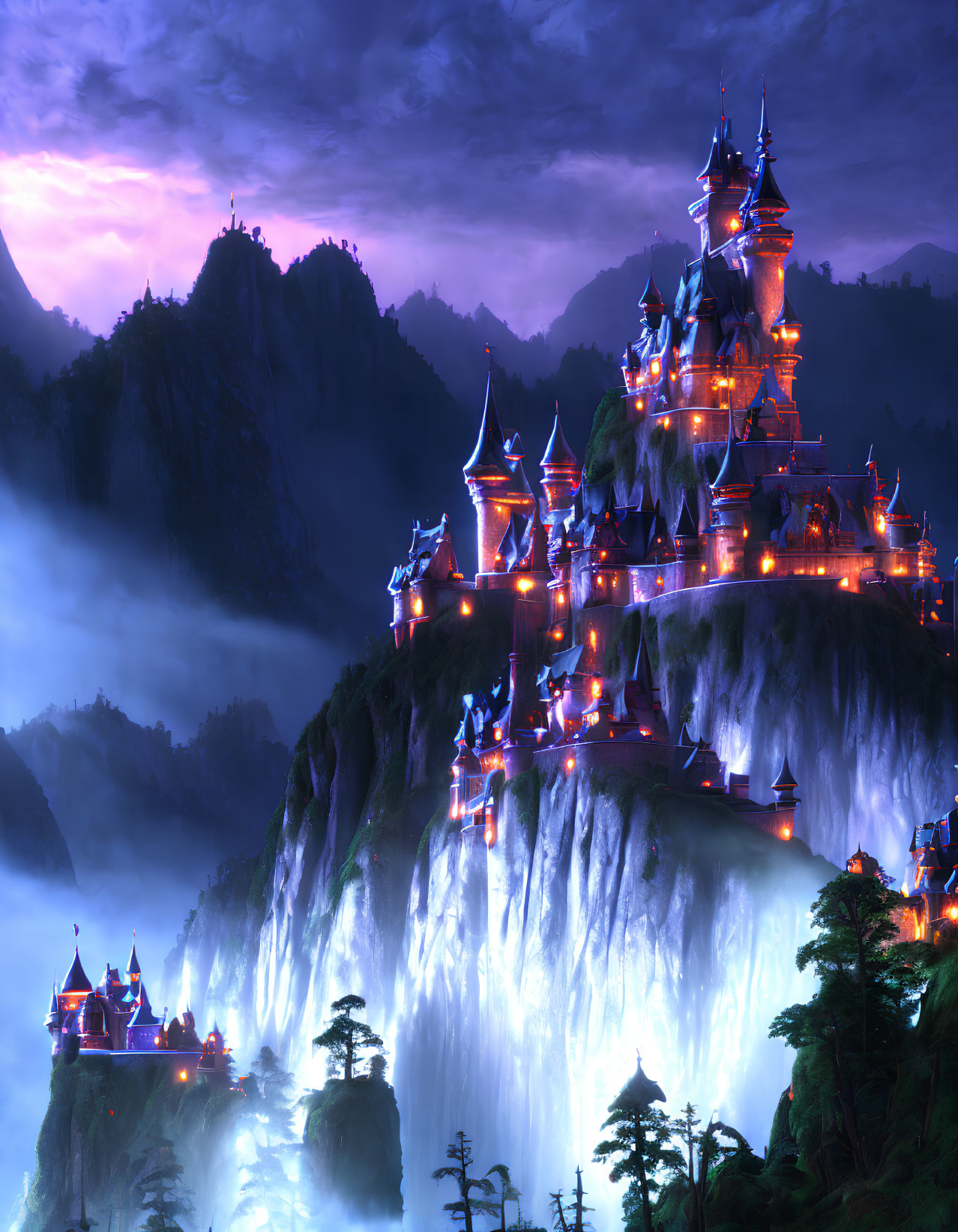 Fantastical castle with illuminated spires on cliff by misty waterfalls at twilight