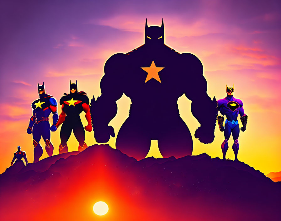 Collection of Stylized Batman Figures in Sunset Silhouette