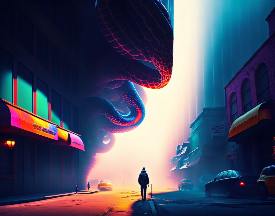 Neon-lit city street at night with massive mystical serpent.