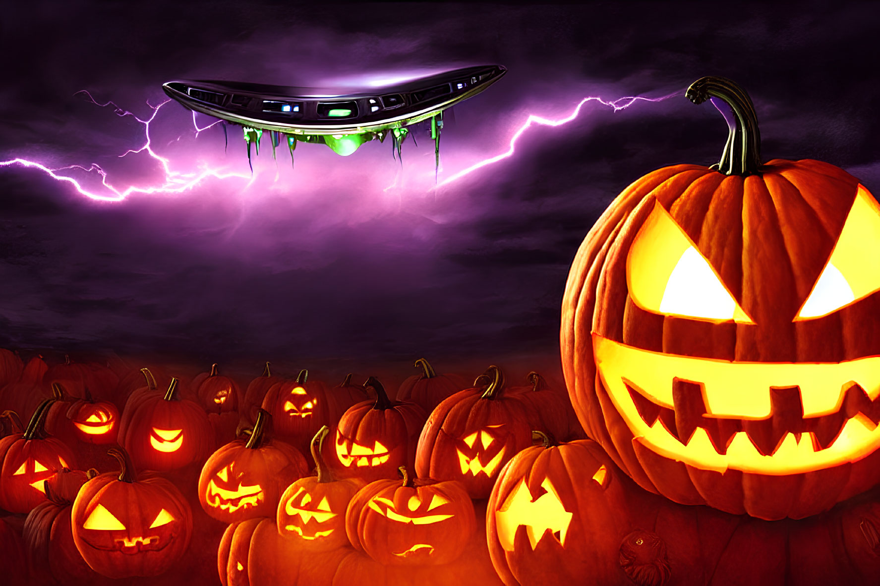 Spooky Halloween scene with glowing jack-o'-lanterns, purple sky, lightning, and UFO