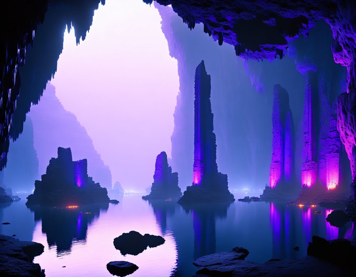 Mystical Purple-lit Cavern with Stalagmites and Tranquil Water