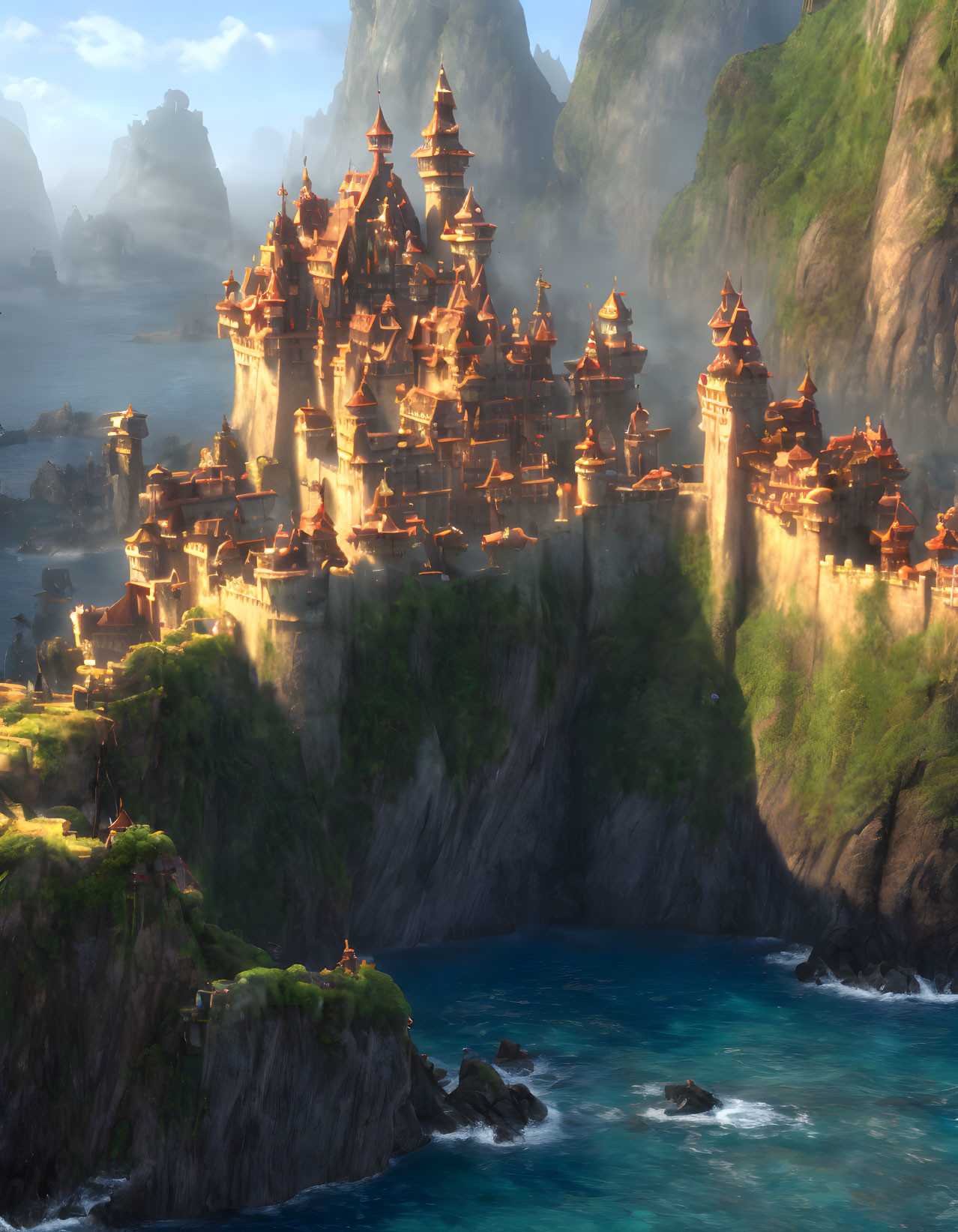 Cliffside castle with spires at sunrise above blue ocean