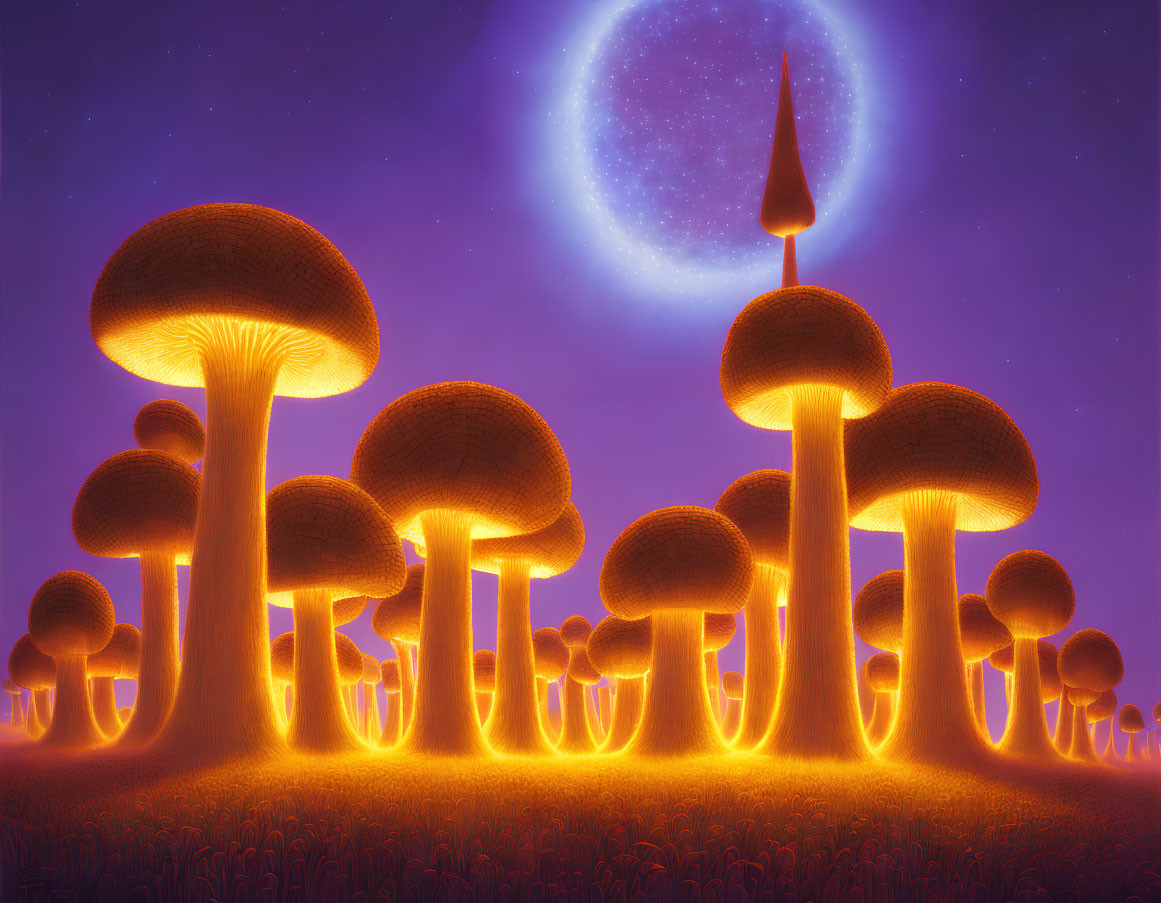 Starry sky with oversized glowing mushrooms under full moon