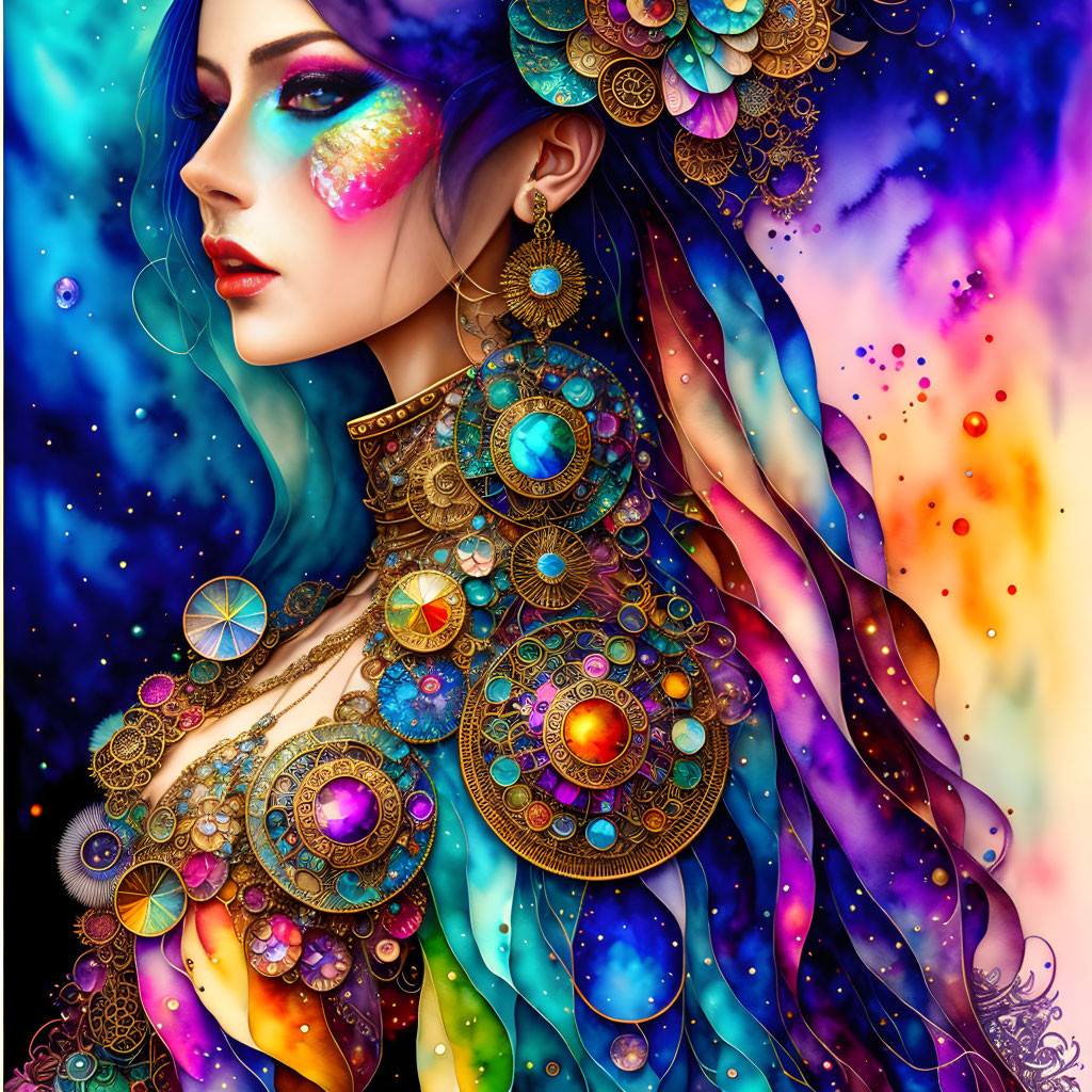 Colorful cosmic makeup and elaborate golden jewelry on a woman in vibrant illustration