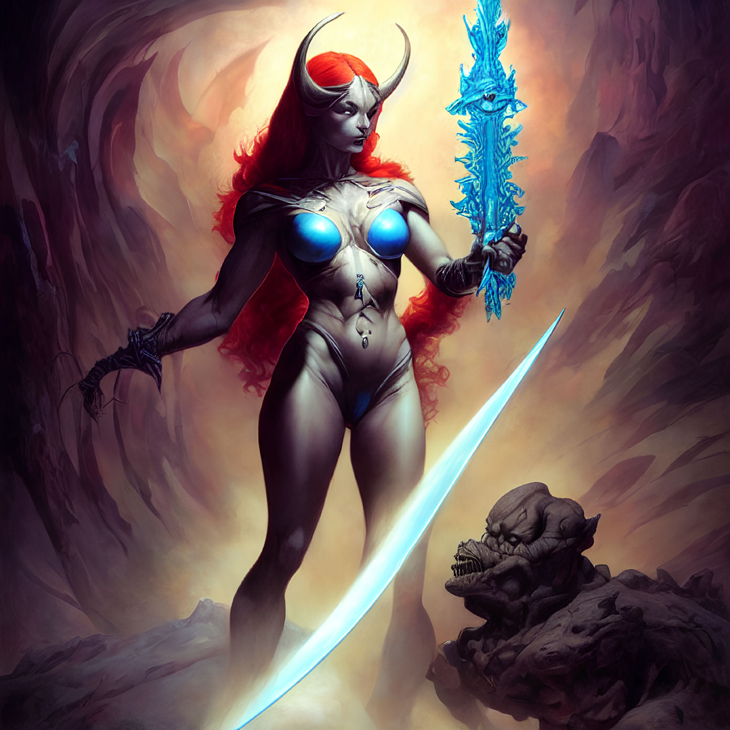 Red-skinned female warrior with blue sword defeats beast in mystical scene