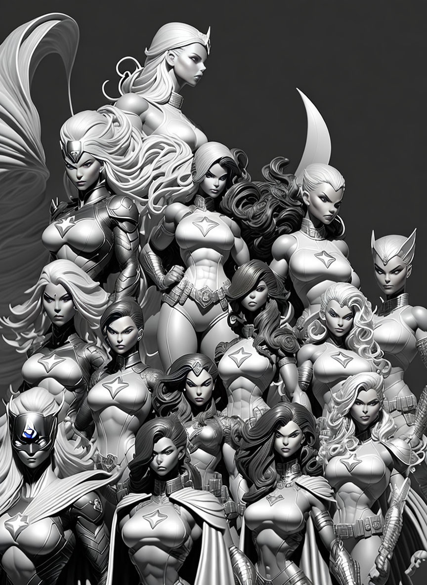 Grayscale illustration of female superheroes in star-emblem costumes