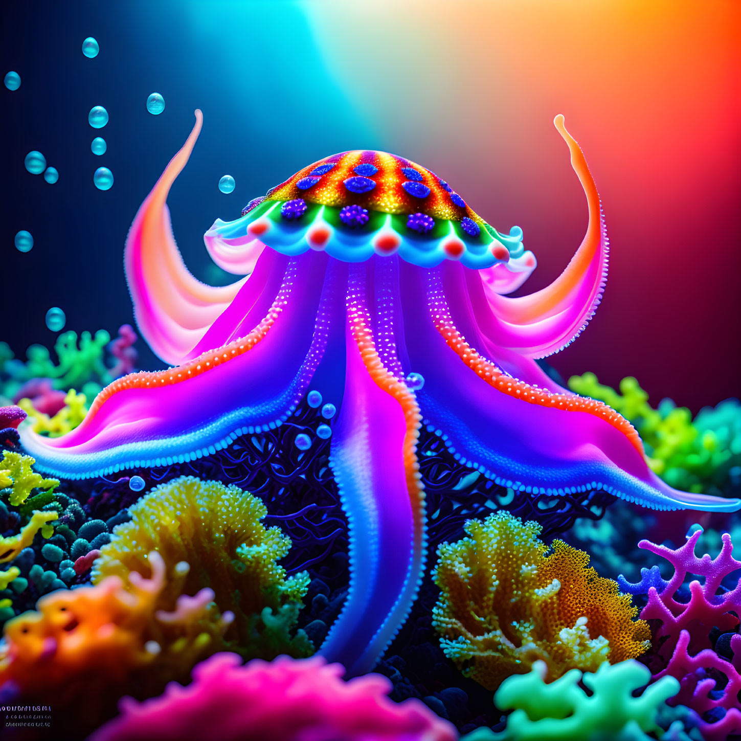 Colorful Jellyfish Swimming Above Coral Reef on Gradient Background