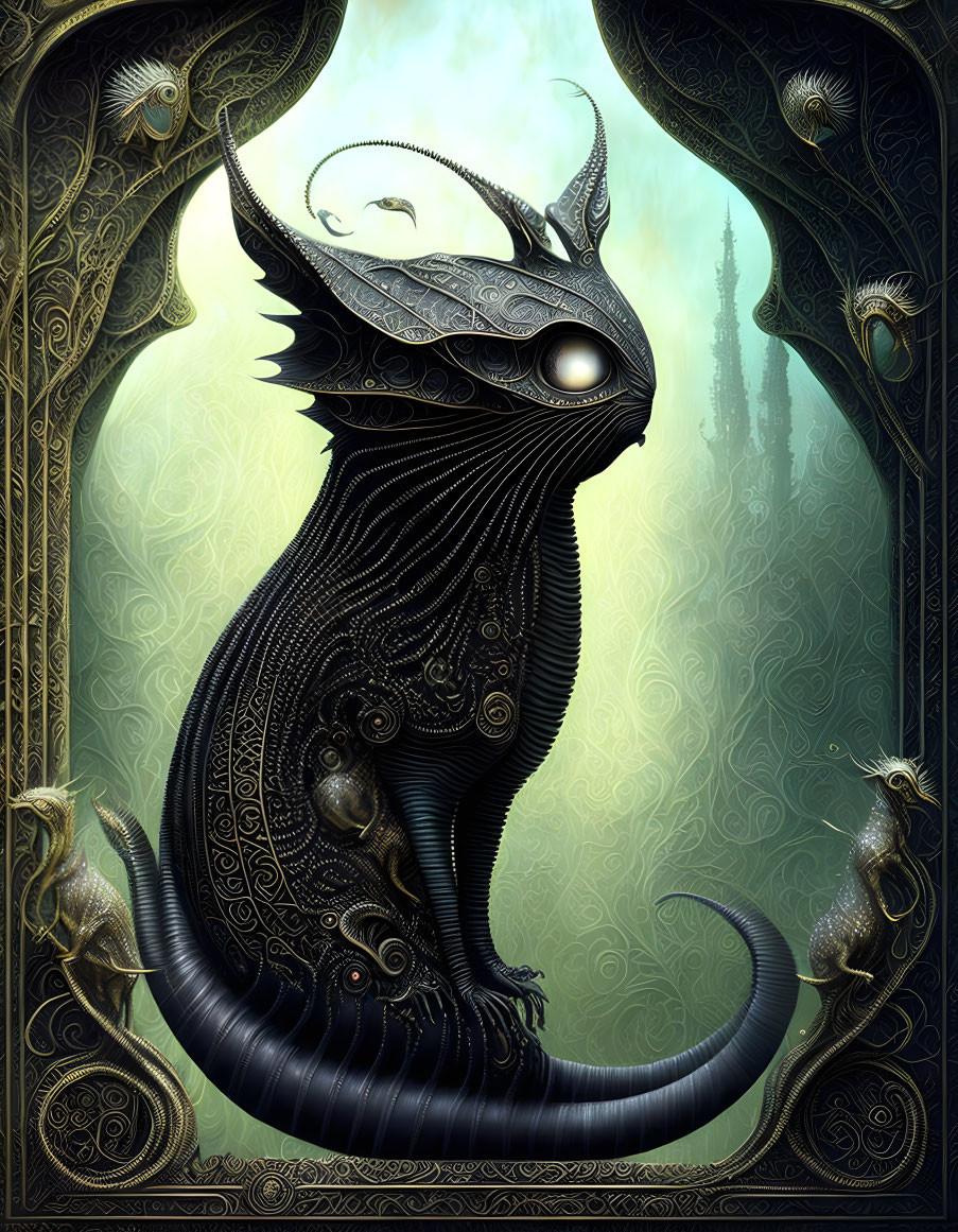 Intricately designed fantastical creature amid misty towers and small beings