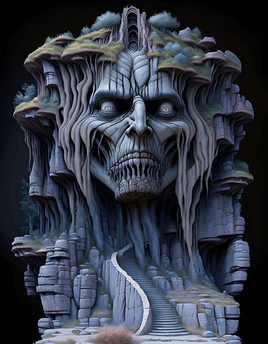 Fantastical digital artwork: Large eerie face merged with cliff, stone texture, winding staircase, over