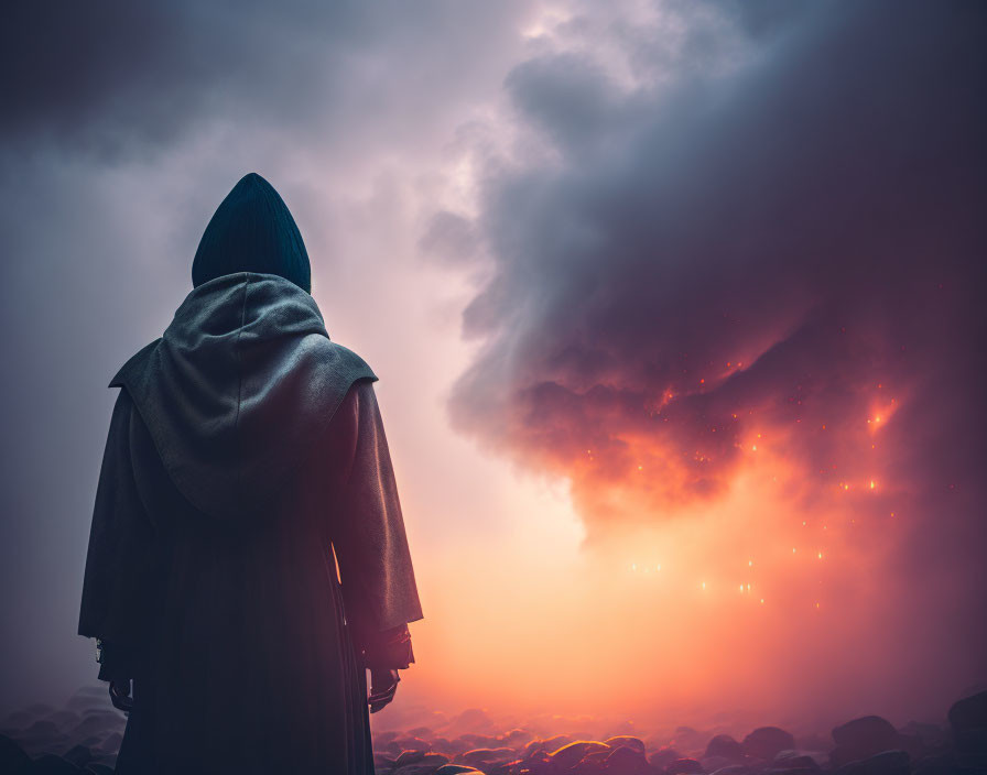 Cloaked Figure in Dramatic Sky Over Rocky Landscape