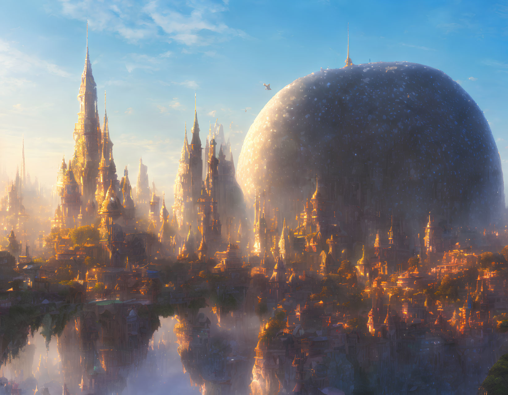 Fantastical cityscape with spire-topped buildings and giant hovering sphere