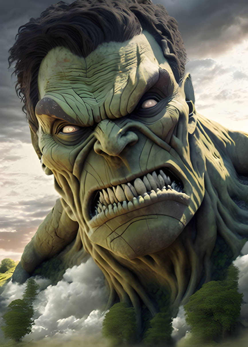 Detailed digital illustration: Hulk's angry face in clouds above forest