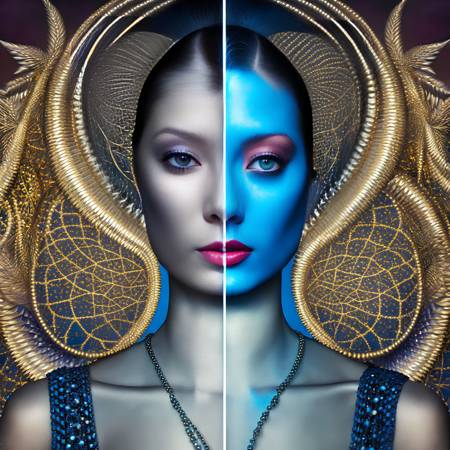 Symmetrical portrait of woman with split theme: natural vs. blue skin, both sides adorned with elaborate