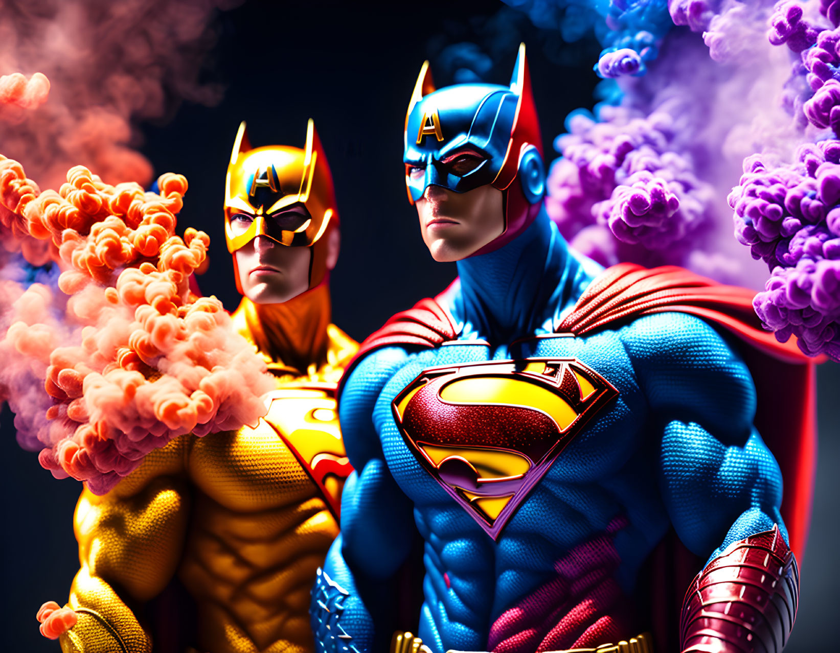 Comic book superheroes in vibrant colors with dramatic smoke backdrop.