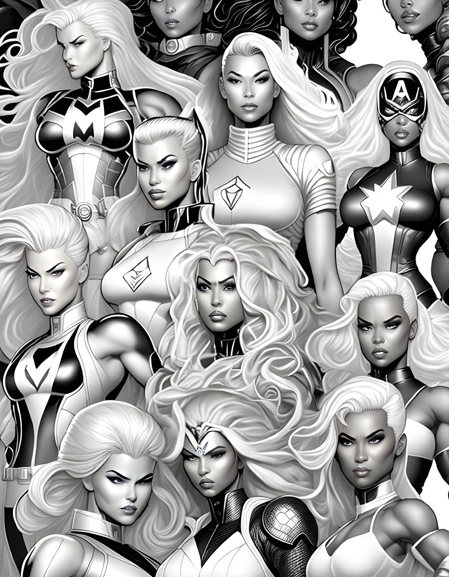 Collage of Female Superheroes in Monochrome Illustration