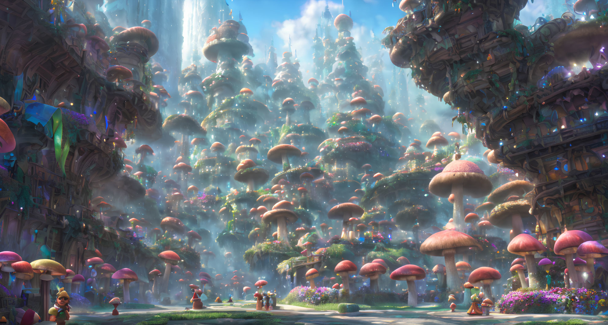 Fantastical cityscape with mushroom-like towers and lush surroundings