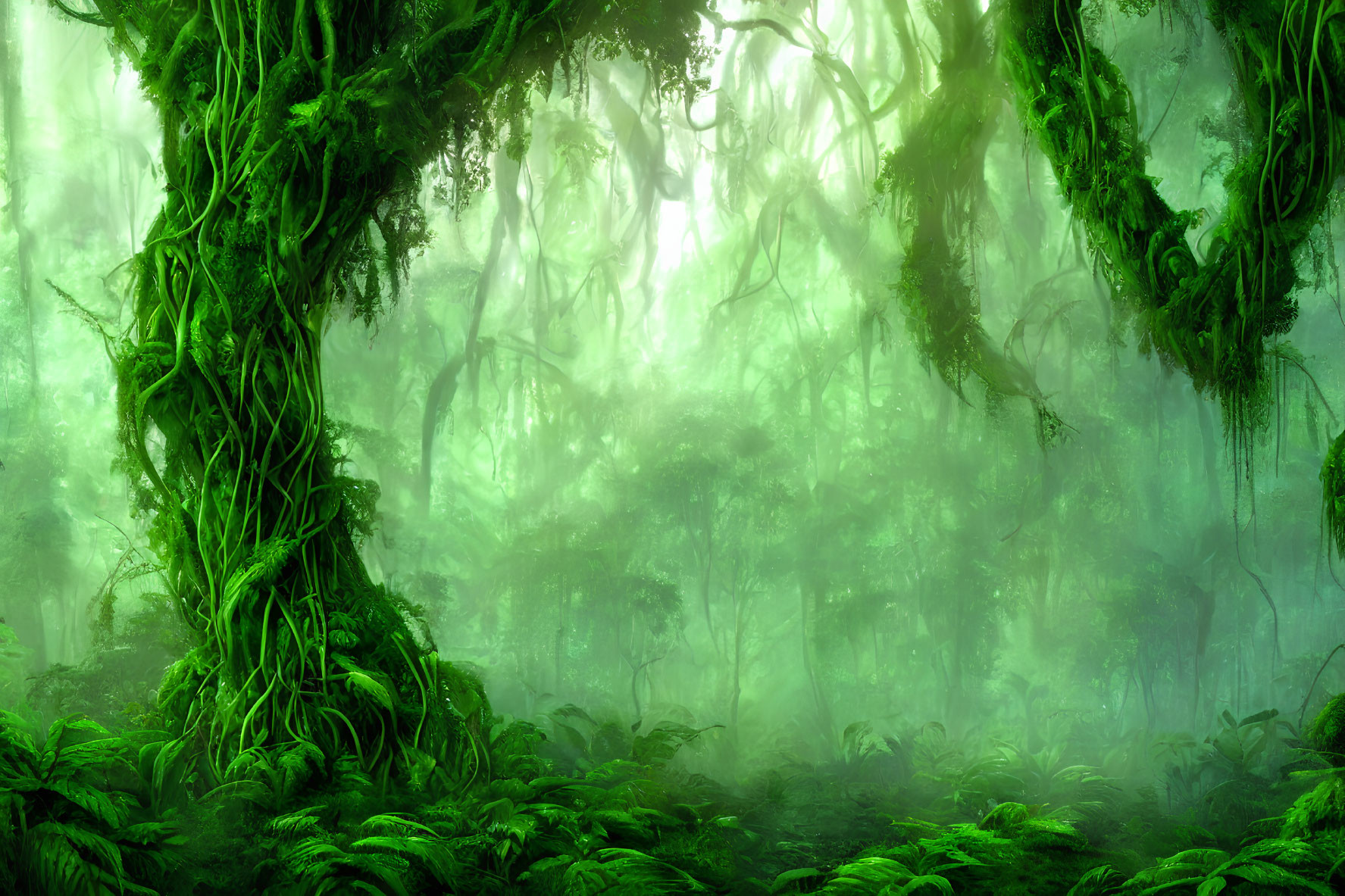 Enchanting green forest with mist and dense fern undergrowth