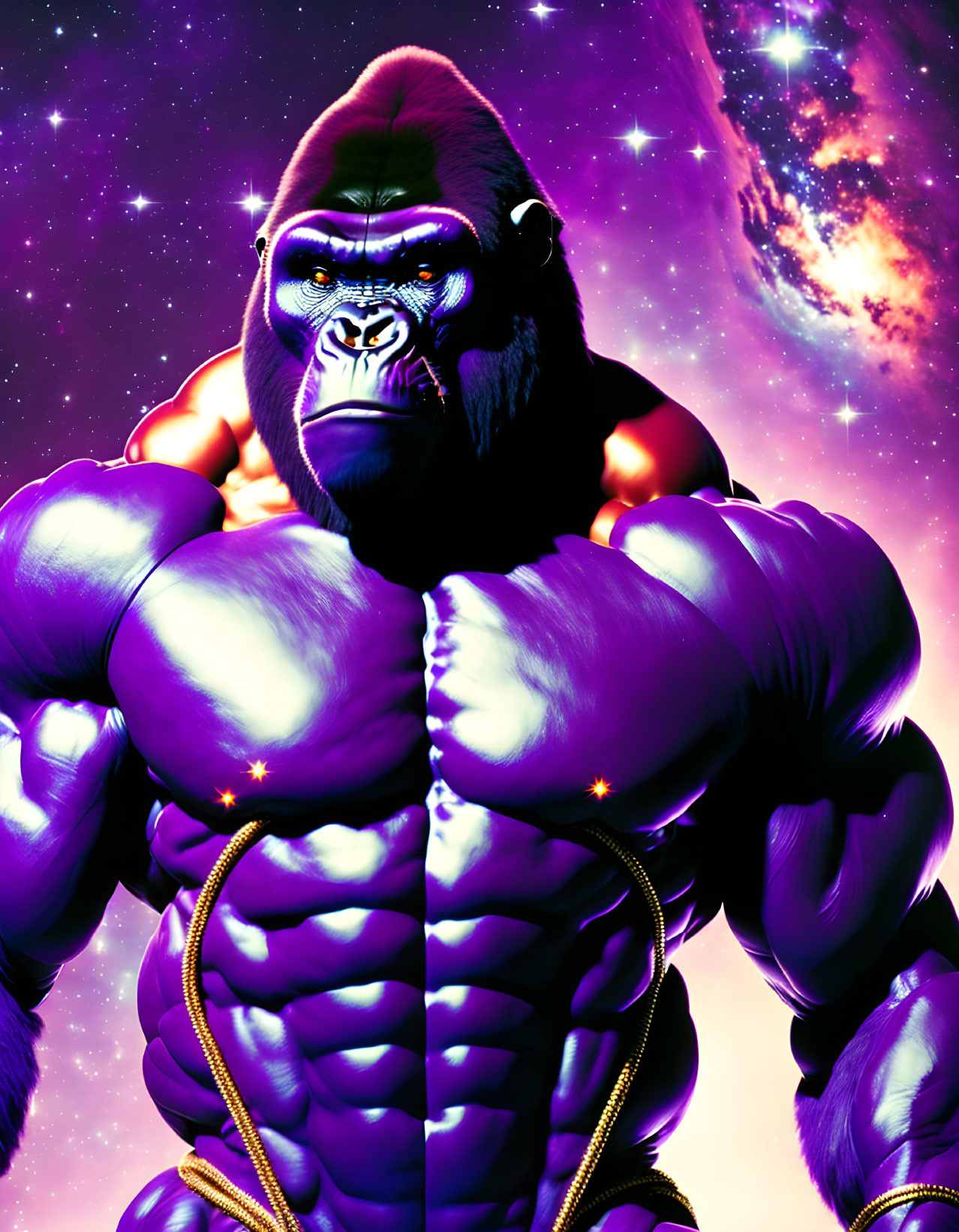 Muscular Gorilla in Heroic Pose Against Cosmic Backdrop