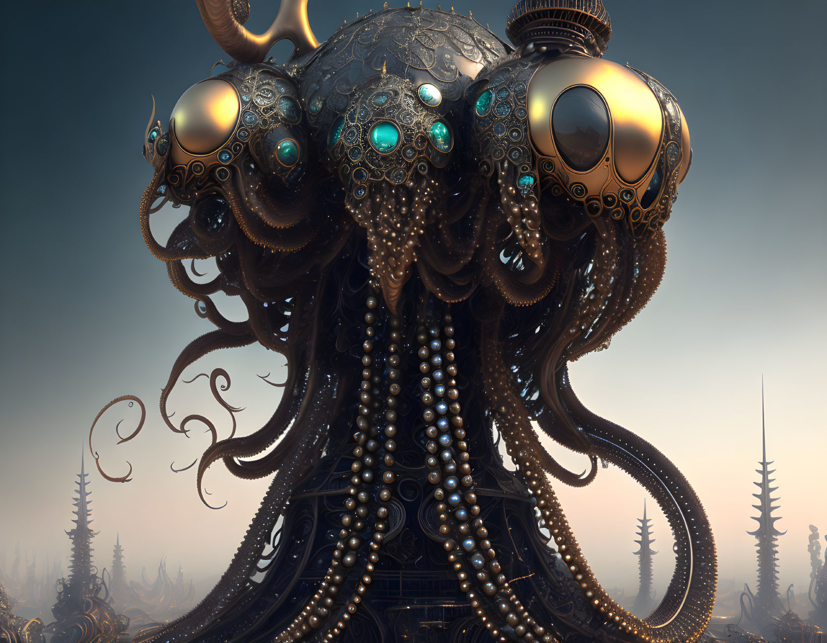 Mechanical octopus with steampunk features in surreal backdrop