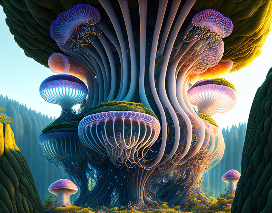 Surreal forest scene with colossal luminescent mushrooms under clear blue sky