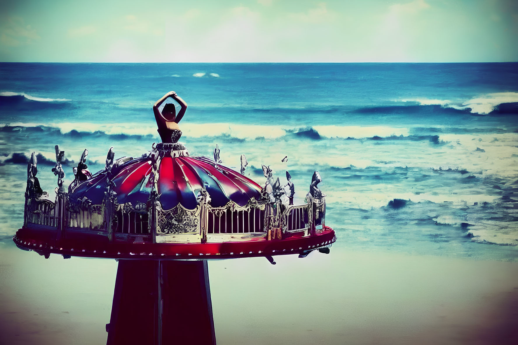 Vintage Carousel Music Box with Intricate Details on Blurred Seascape Background